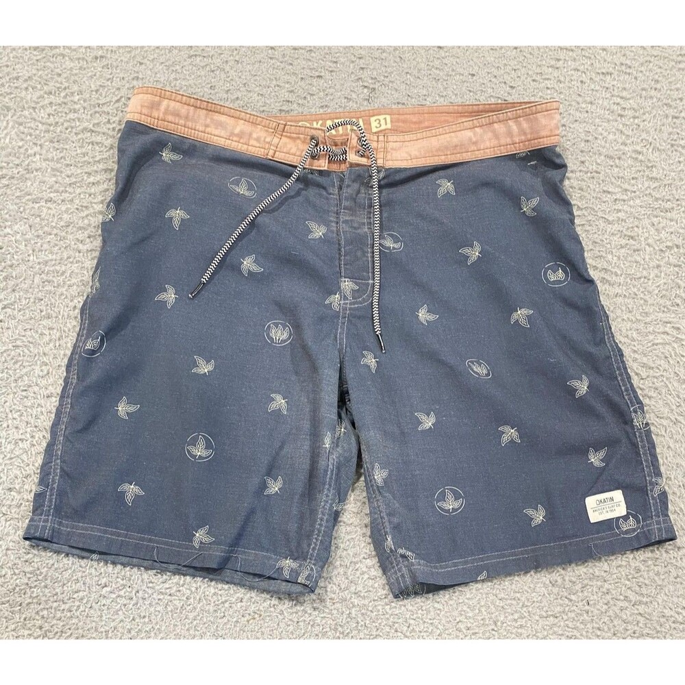 Katin Board Shorts Mens Medium Blue Leaf Print Stretch Swim Trunks Surf Beach
